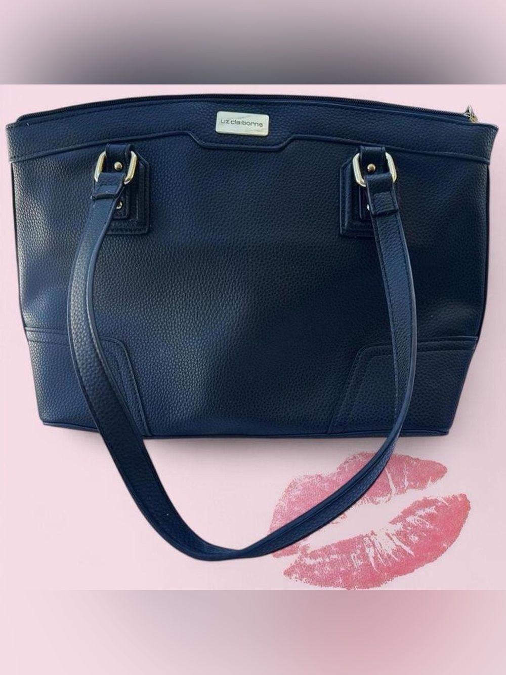 Liz Claiborne Dark Blue Pebbled Leather Tote with Gold Hardware - Picture 1 of 4